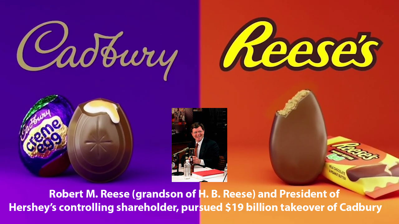 Robert M. Reese (grandson of H. B. Reese) and President of Hershey’s controlling shareholder, pursued $19 billion takeover of Cadbury