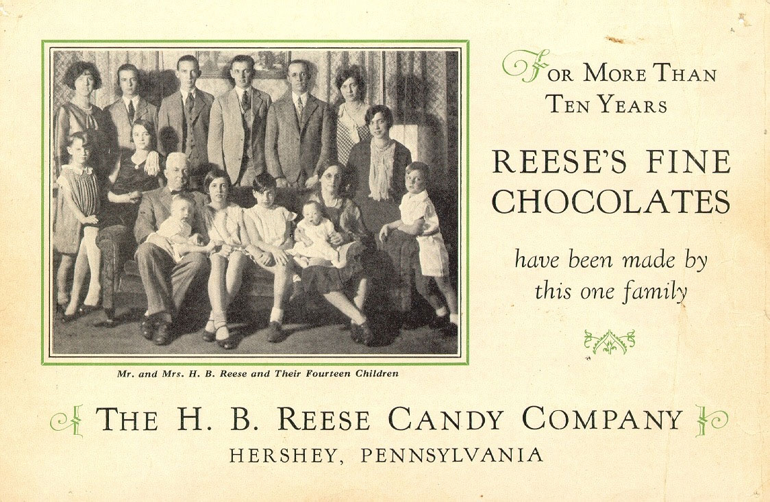 Vintage 1933 H. B. Reese Candy Company advertisement featuring Mr. and Mrs. H. B. Reese and their fourteen children